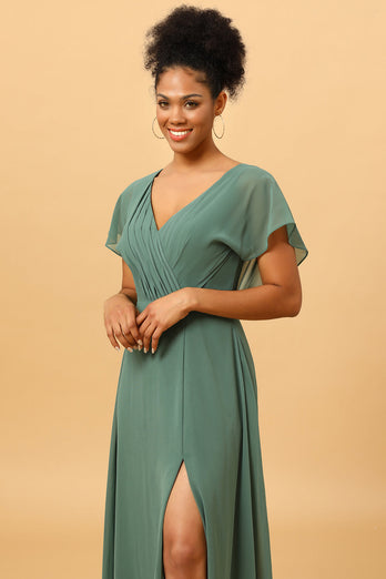 Eucalyptus A Line V-Neck Ruched Long Chiffon Bridesmaid Dress with Slit