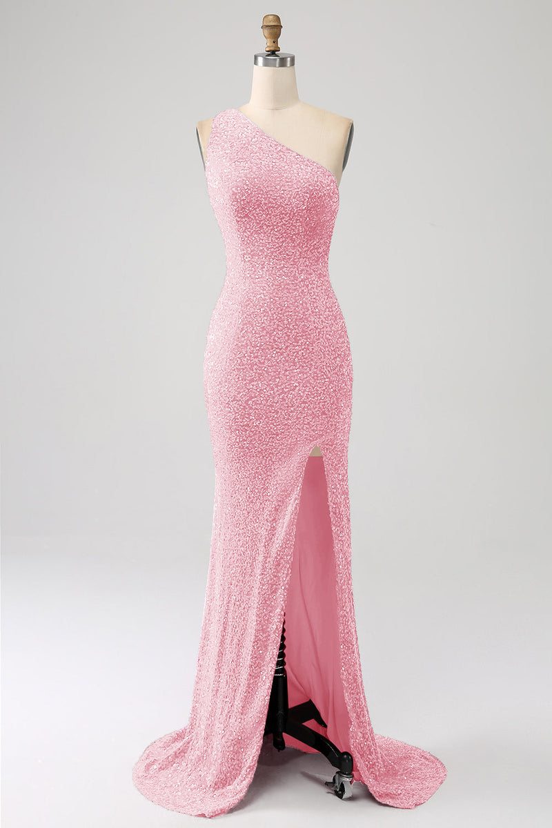 Load image into Gallery viewer, Sparkly Orange Mermaid One Shoulder Sequins Prom Dress with Slit