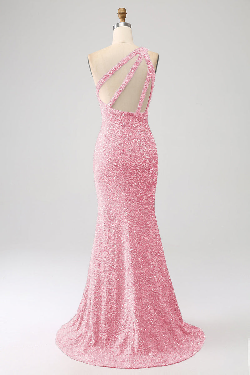 Load image into Gallery viewer, Sparkly Orange Mermaid One Shoulder Sequins Prom Dress with Slit