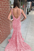 Load image into Gallery viewer, Mermaid Blue V-Neck Sequins Long Prom Dress