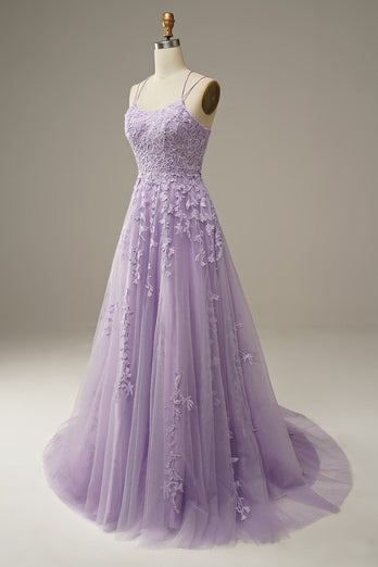 A-Line Spaghetti Straps Purple Long Prom Dress