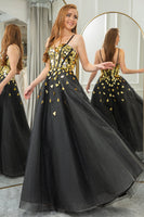 Load image into Gallery viewer, Black Golden Sequins A Line Long Corset Mirror Prom Dress