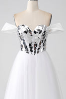 Load image into Gallery viewer, White A-Line Off the Shoulder Long Corset Prom Dress