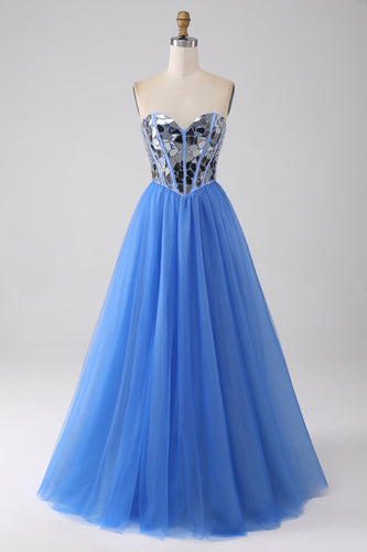 Beaded Royal Blue Corset Prom Dress with Slit