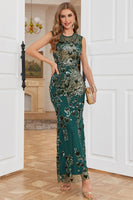 Load image into Gallery viewer, Sheath Round Neck Dark Green Beaded Prom Dress