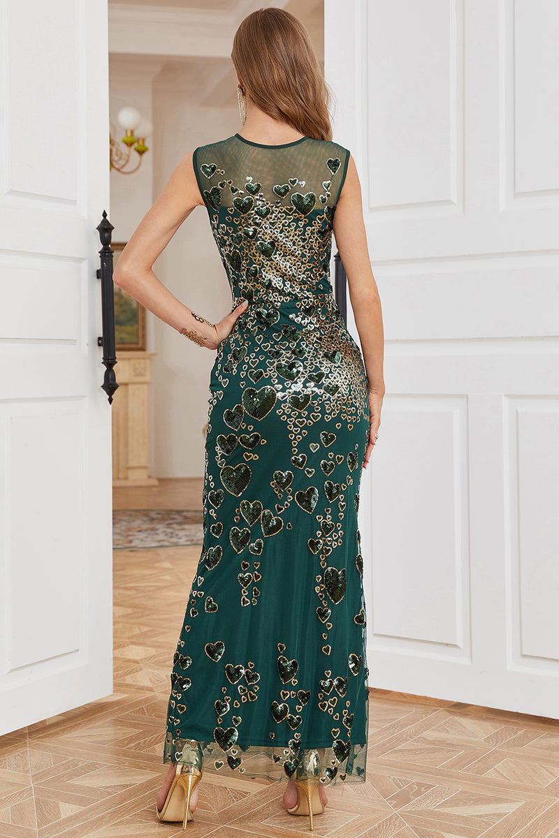 Load image into Gallery viewer, Sheath Round Neck Dark Green Beaded Prom Dress