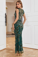 Load image into Gallery viewer, Sheath Round Neck Dark Green Beaded Prom Dress