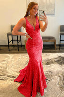 Load image into Gallery viewer, Purple Deep V Neck Mermaid Prom Dress