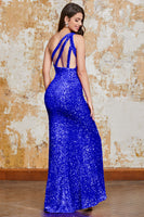 Load image into Gallery viewer, Glitter Black Mermaid One Shoulder Sequins Prom Dress With Slit