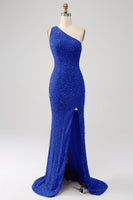 Load image into Gallery viewer, Sparkly Orange Mermaid One Shoulder Sequins Prom Dress with Slit