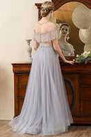 Load image into Gallery viewer, Grey Tulle A Line Beaded Glitter Mother of Bride Dress