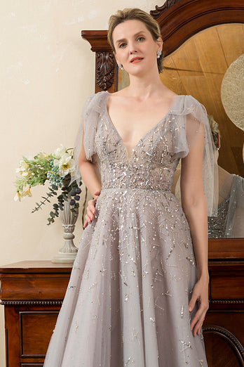 Grey A Line Beading Glitter Mother of Bride Dress
