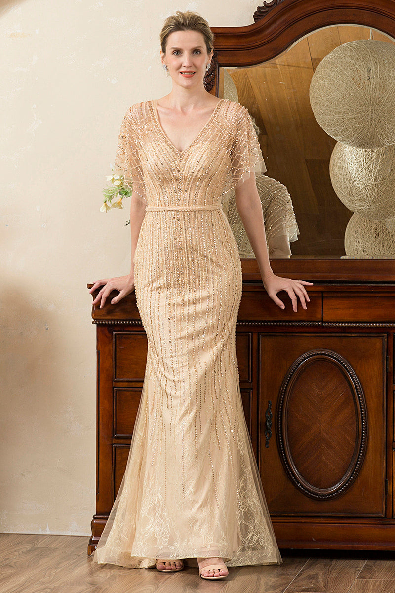 Load image into Gallery viewer, Beading V-neck Glitter Mermaid Mother of Bride Dress