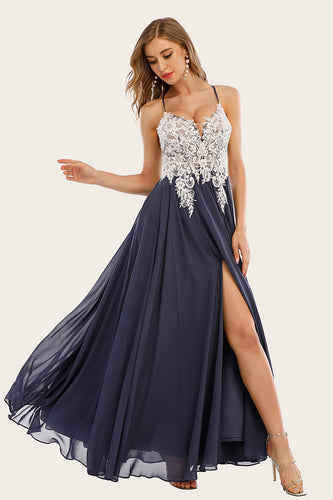 Dusty Blue Chiffon Long Prom Dress with Lace