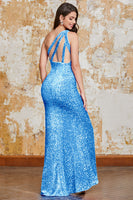 Load image into Gallery viewer, Glitter Black Mermaid One Shoulder Sequins Prom Dress With Slit