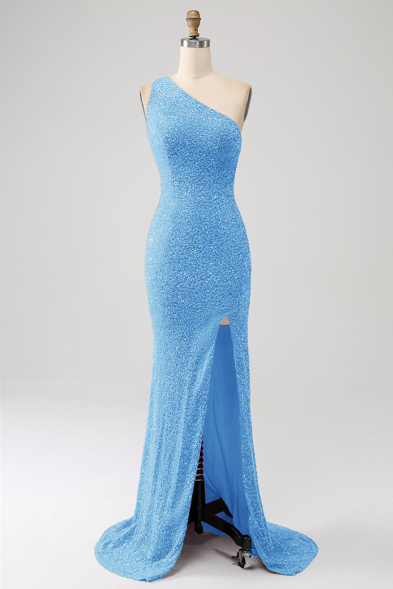 Load image into Gallery viewer, Sparkly Orange Mermaid One Shoulder Sequins Prom Dress with Slit