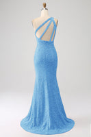 Load image into Gallery viewer, Sparkly Orange Mermaid One Shoulder Sequins Prom Dress with Slit