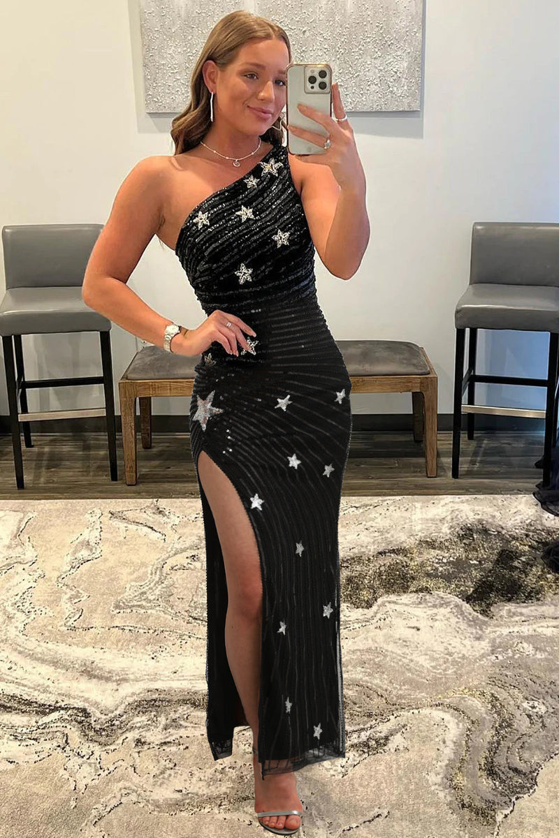 Load image into Gallery viewer, Sparkly Sequins Black One Shoulder Long Prom Dress with Stars