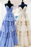 Load image into Gallery viewer, Beige Tulle Tiered Spaghetti Straps Long Prom Dress with Slit