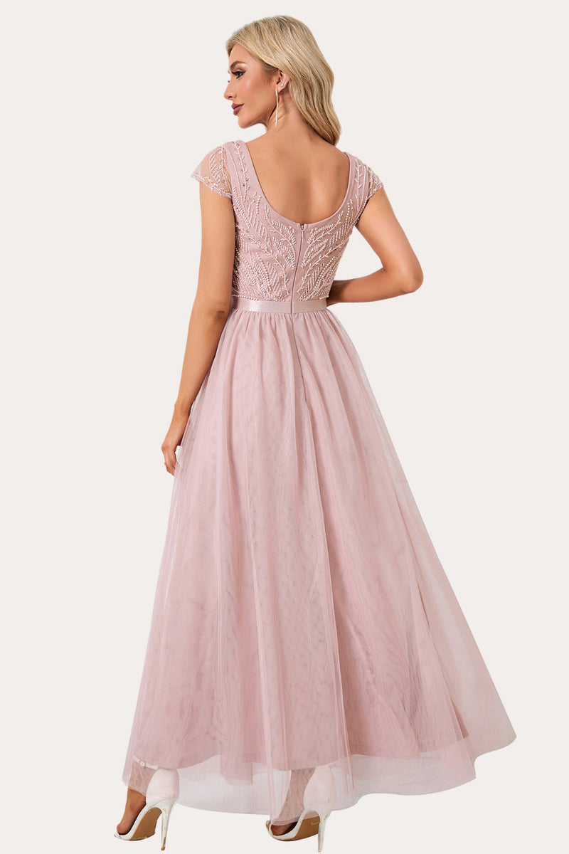 Load image into Gallery viewer, Sparkly Blush Beaded Long Tulle Prom Dress