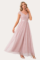 Load image into Gallery viewer, Sparkly Blush Beaded Long Tulle Prom Dress