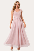 Load image into Gallery viewer, Sparkly Blush Beaded Long Tulle Prom Dress