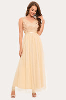 Load image into Gallery viewer, Sparkly Champagne Beaded Long Tulle Prom Dress