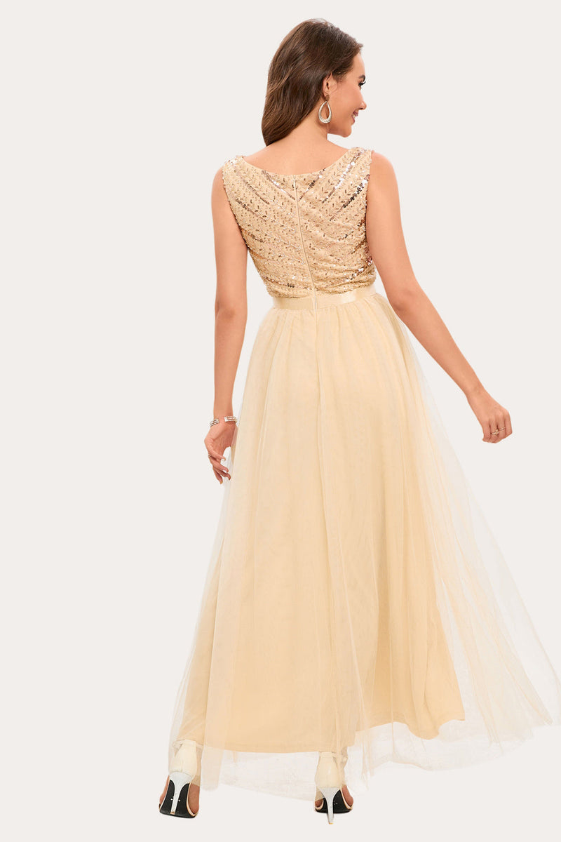 Load image into Gallery viewer, Sparkly Champagne Beaded Long Tulle Prom Dress