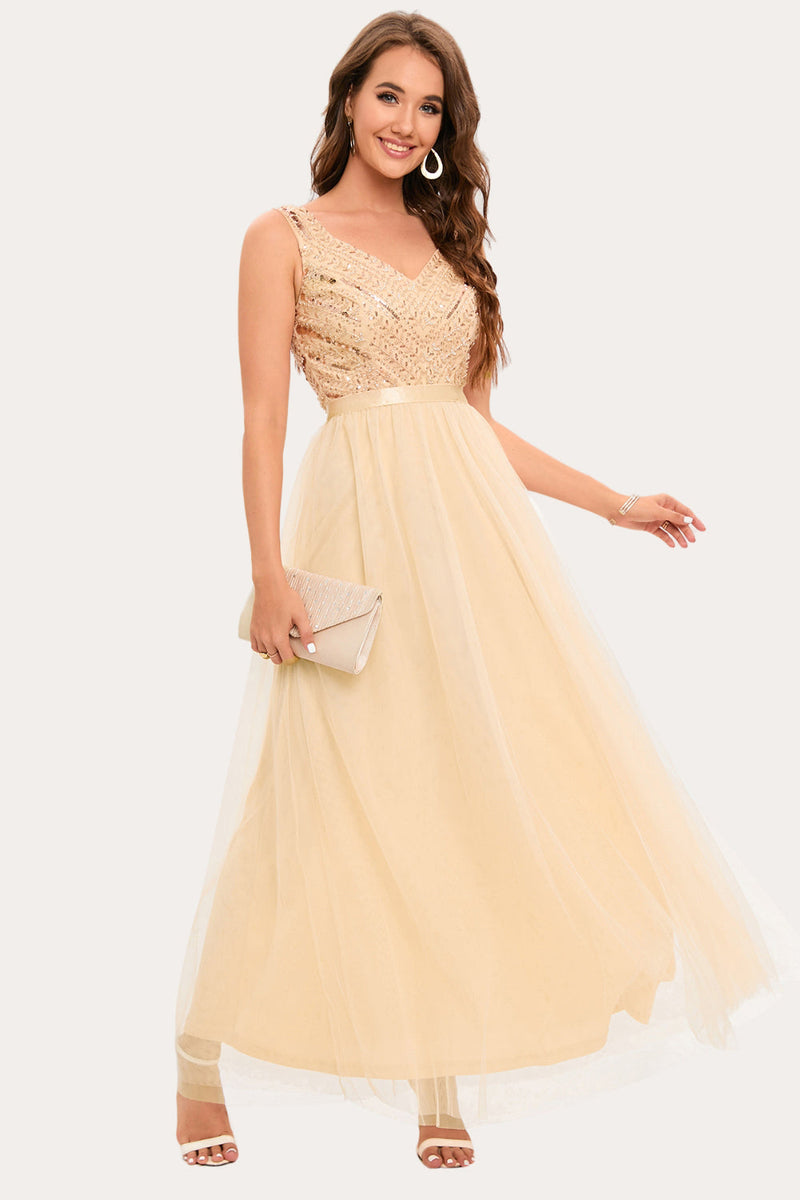 Load image into Gallery viewer, Sparkly Champagne Beaded Long Tulle Prom Dress