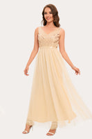 Load image into Gallery viewer, Sparkly Champagne Beaded Long Tulle Prom Dress