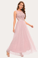 Load image into Gallery viewer, Sparkly Blush Beaded Long Tulle Prom Dress