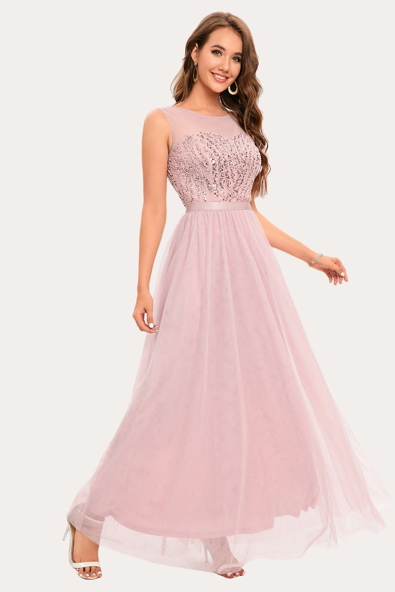 Load image into Gallery viewer, Sparkly Blush Beaded Long Tulle Prom Dress