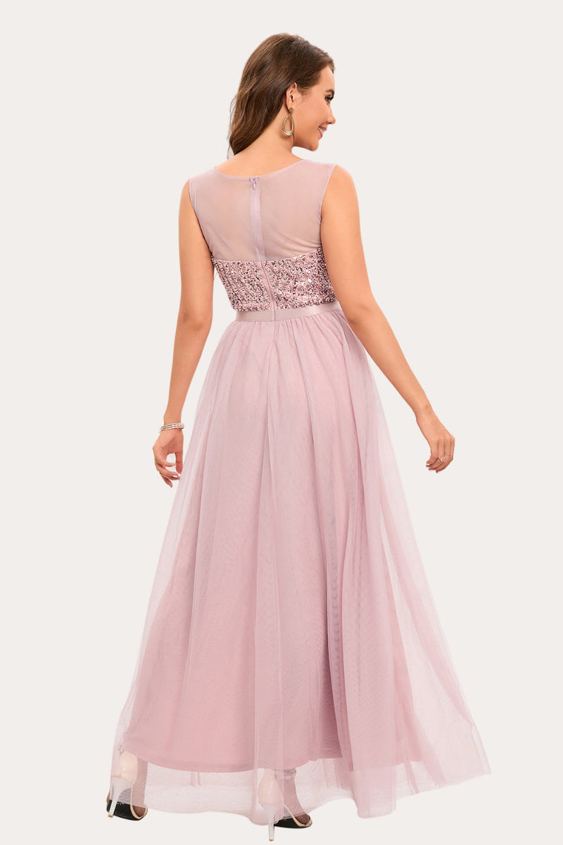 Load image into Gallery viewer, Sparkly Blush Beaded Long Tulle Prom Dress