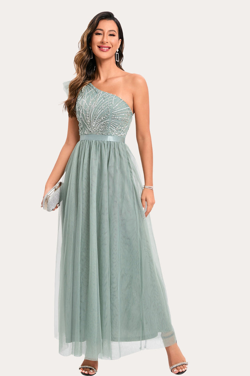 Load image into Gallery viewer, Sparkly Sage Beaded Long Tulle Prom Dress