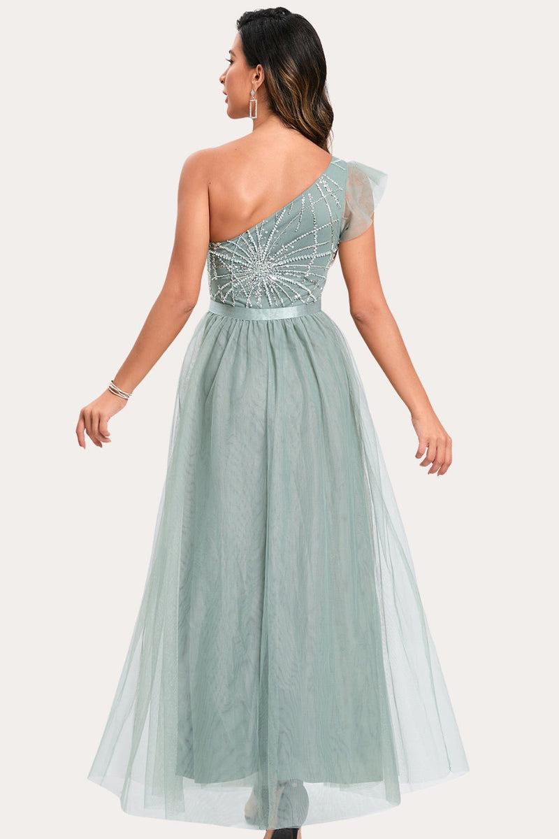 Load image into Gallery viewer, Sparkly Sage Beaded Long Tulle Prom Dress