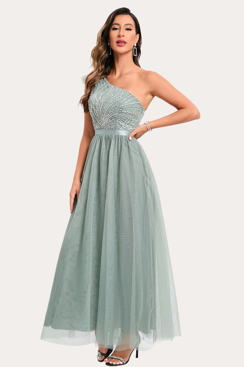 Load image into Gallery viewer, Sparkly Sage Beaded Long Tulle Prom Dress