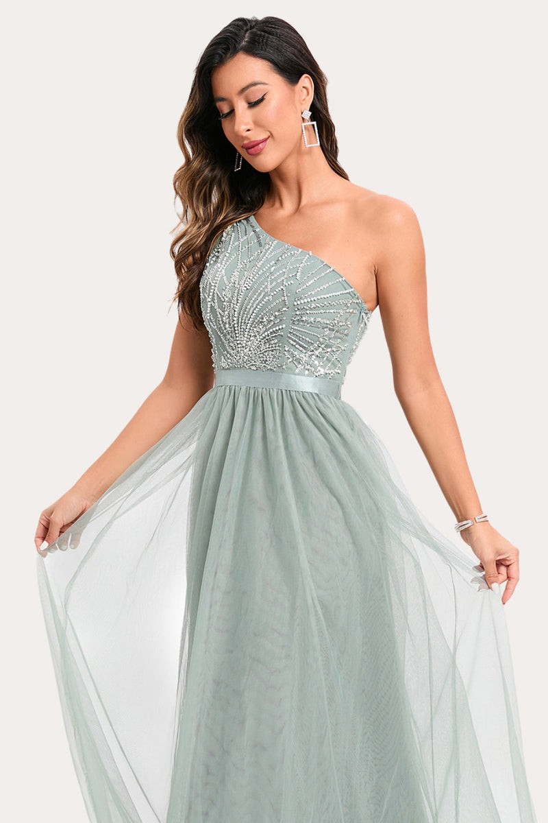 Load image into Gallery viewer, Sparkly Sage Beaded Long Tulle Prom Dress