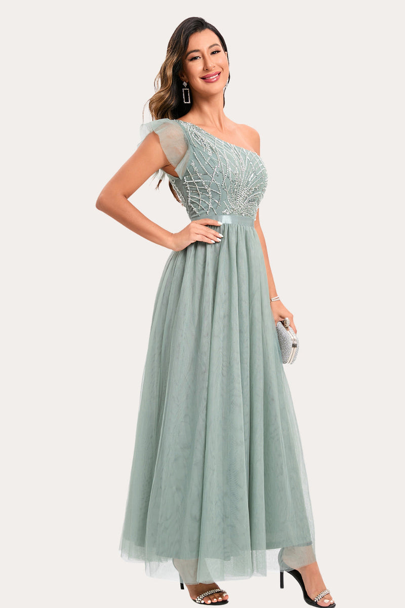 Load image into Gallery viewer, Sparkly Sage Beaded Long Tulle Prom Dress