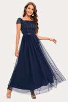 Load image into Gallery viewer, Sparkly Navy Beaded Square Neck Long Tulle Prom Dress