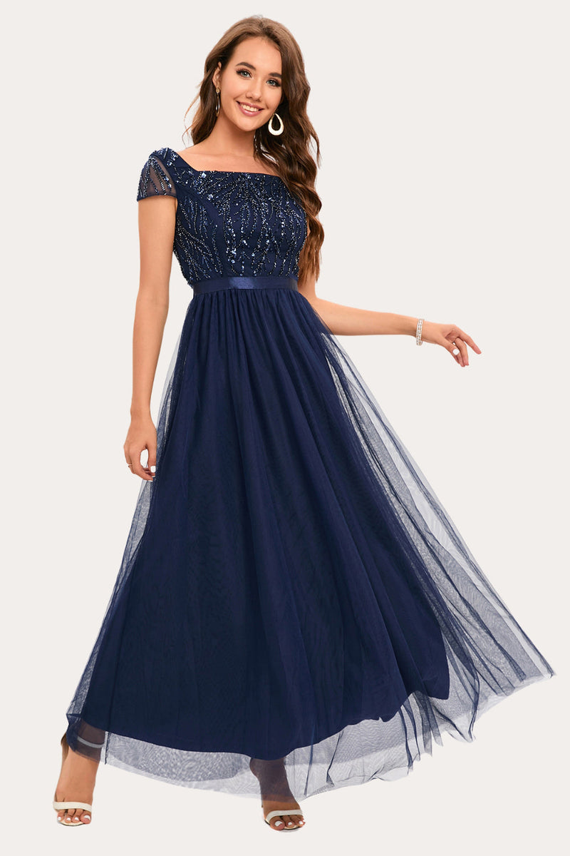 Load image into Gallery viewer, Sparkly Navy Beaded Square Neck Long Tulle Prom Dress