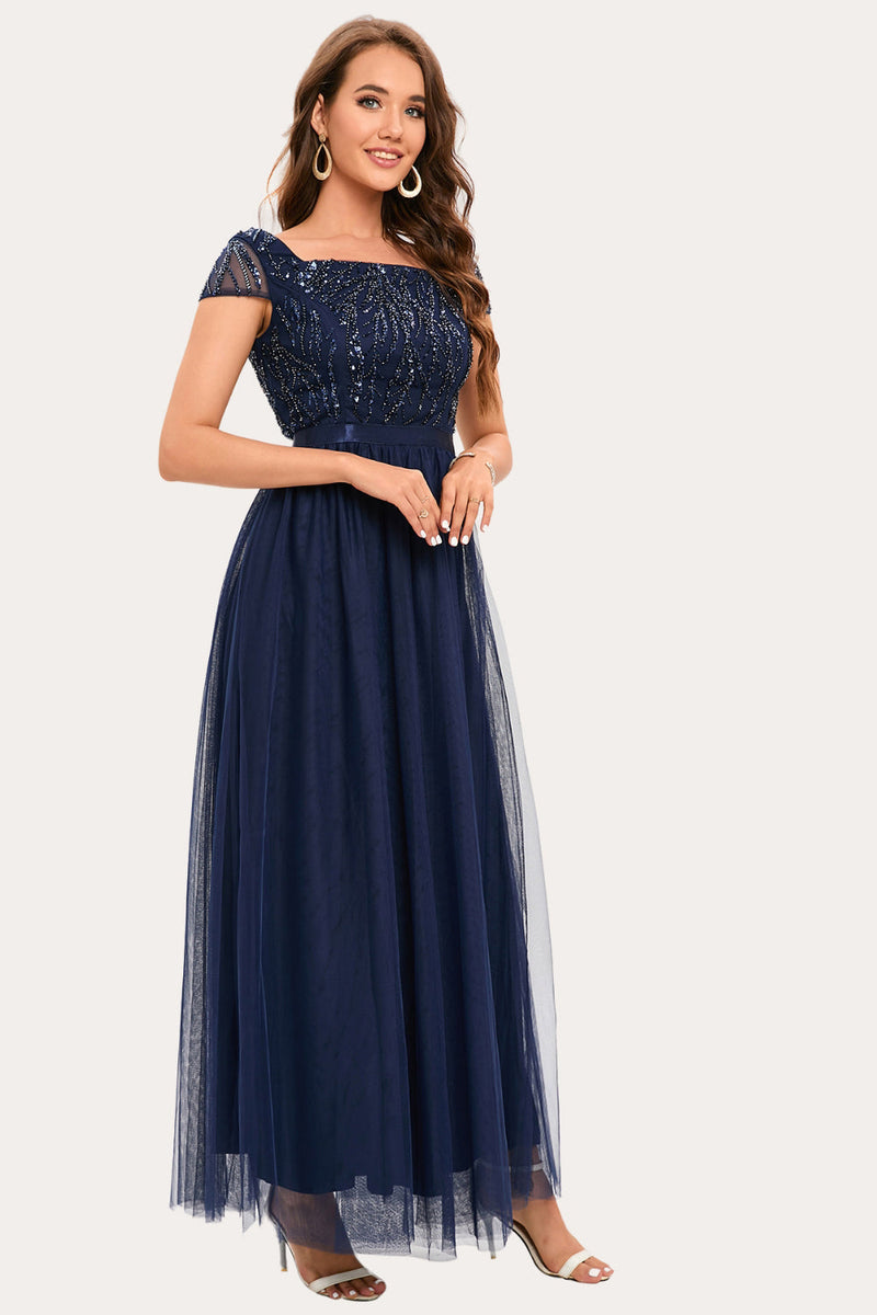 Load image into Gallery viewer, Sparkly Navy Beaded Square Neck Long Tulle Prom Dress