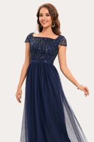 Load image into Gallery viewer, Sparkly Navy Beaded Square Neck Long Tulle Prom Dress
