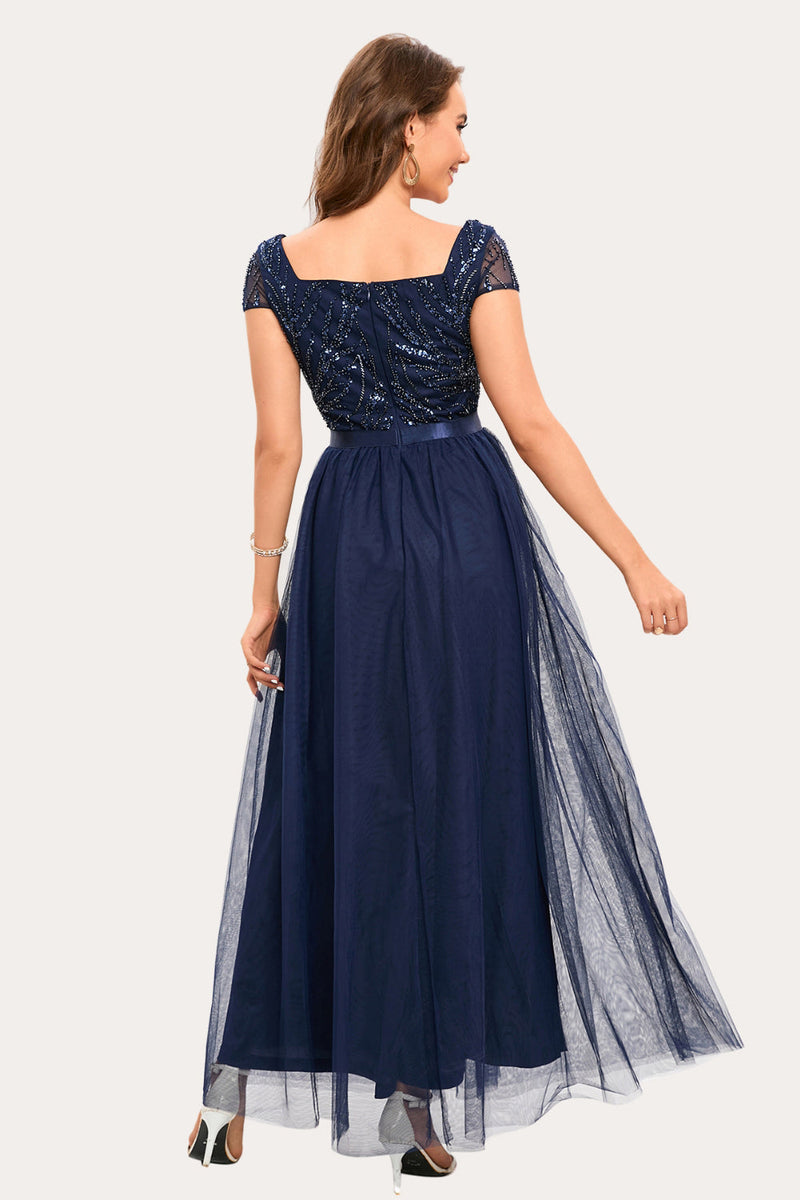 Load image into Gallery viewer, Sparkly Navy Beaded Square Neck Long Tulle Prom Dress