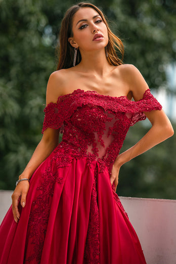 Red Off-shoulder Long Prom Dress with Appliques