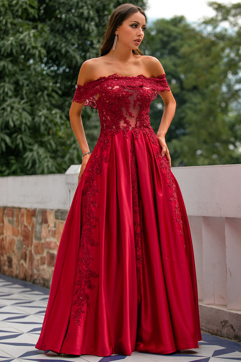 Load image into Gallery viewer, Red Off-shoulder Long Prom Dress with Appliques