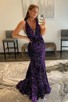 Load image into Gallery viewer, Purple Deep V Neck Mermaid Prom Dress