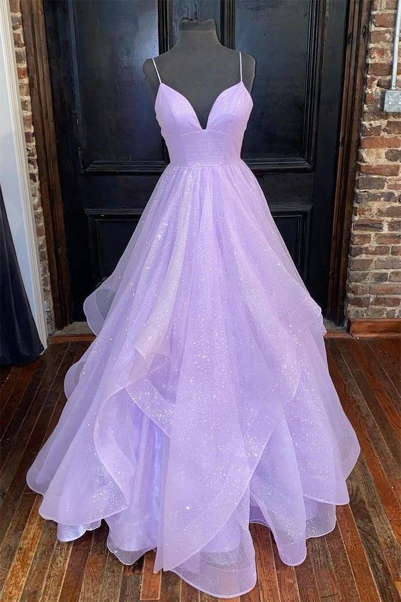 Load image into Gallery viewer, Glitter Lilac Spaghetti Straps Prom Dress