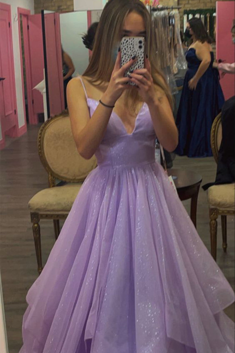 Load image into Gallery viewer, Glitter Lilac Spaghetti Straps Prom Dress