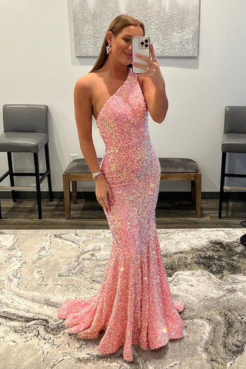 Long pink shop sequin prom dress