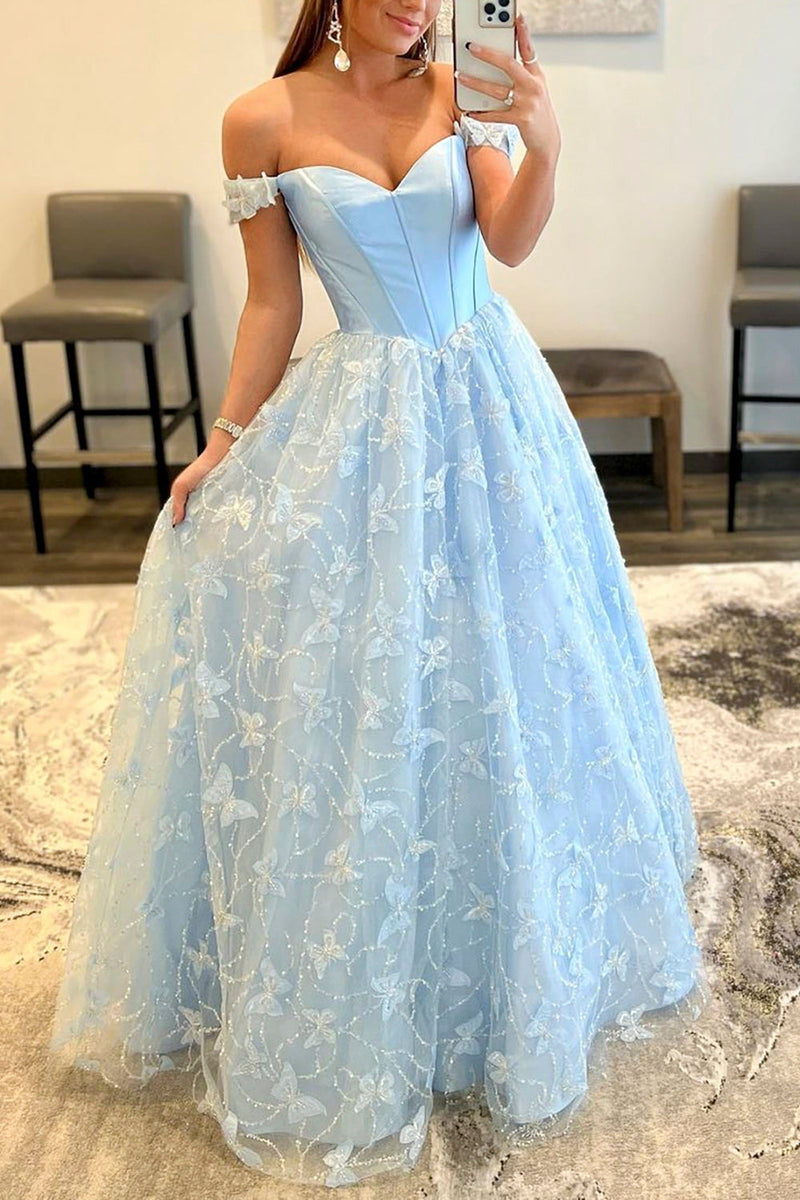 Load image into Gallery viewer, Light Blue Lace Off the Shoulder Lace Long Prom Dress